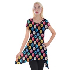 Multicolored Donuts On A Black Background Short Sleeve Side Drop Tunic by SychEva