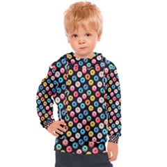 Multicolored Donuts On A Black Background Kids  Hooded Pullover by SychEva