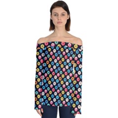 Multicolored Donuts On A Black Background Off Shoulder Long Sleeve Top by SychEva