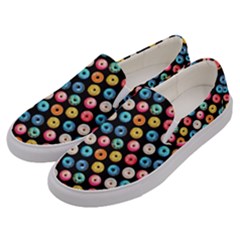 Multicolored Donuts On A Black Background Men s Canvas Slip Ons by SychEva