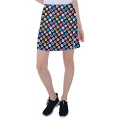 Multicolored Donuts On A Black Background Tennis Skirt by SychEva