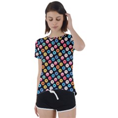 Multicolored Donuts On A Black Background Short Sleeve Foldover Tee by SychEva