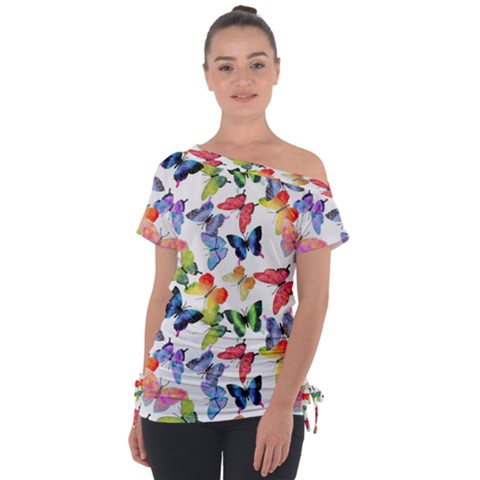 Bright Butterflies Circle In The Air Off Shoulder Tie-up Tee by SychEva