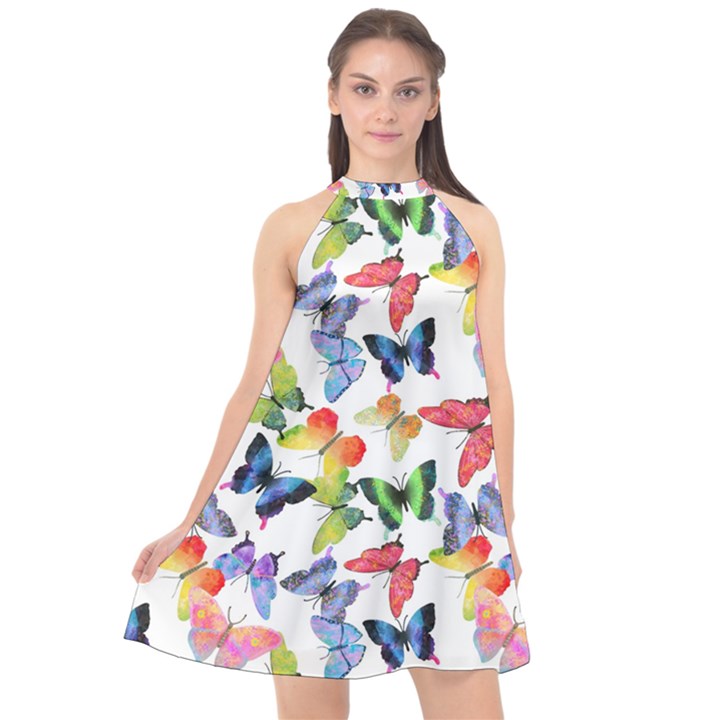 Bright Butterflies Circle In The Air Halter Neckline Chiffon Dress 