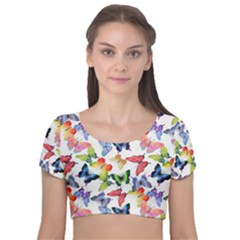 Bright Butterflies Circle In The Air Velvet Short Sleeve Crop Top  by SychEva