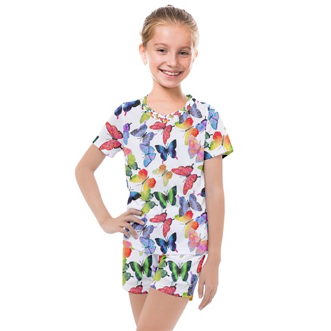 Bright Butterflies Circle In The Air Kids  Mesh Tee And Shorts Set by SychEva