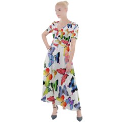 Bright Butterflies Circle In The Air Button Up Short Sleeve Maxi Dress by SychEva