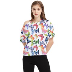 Bright Butterflies Circle In The Air One Shoulder Cut Out Tee by SychEva