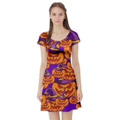 Purple And Orange Pumpkins, Crazy Halloween Pattern, Jack O  Lantern Short Sleeve Skater Dress by Casemiro