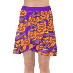 Purple And Orange Pumpkins, Crazy Halloween Pattern, Jack O  Lantern Wrap Front Skirt by Casemiro