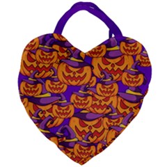 Purple And Orange Pumpkins, Crazy Halloween Pattern, Jack O  Lantern Giant Heart Shaped Tote by Casemiro