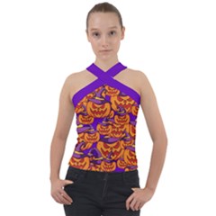 Purple And Orange Pumpkins, Crazy Halloween Pattern, Jack O  Lantern Cross Neck Velour Top