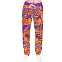 Purple And Orange Pumpkins, Crazy Halloween Pattern, Jack O  Lantern Women Velvet Drawstring Pants by Casemiro