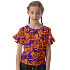 Purple And Orange Pumpkins, Crazy Halloween Pattern, Jack O  Lantern Kids  Cut Out Flutter Sleeves by Casemiro