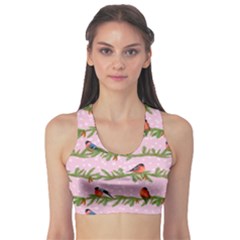 Bullfinches Sit On Branches On A Pink Background Sports Bra by SychEva