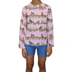 Bullfinches Sit On Branches On A Pink Background Kids  Long Sleeve Swimwear by SychEva