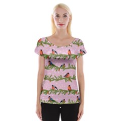 Bullfinches Sit On Branches On A Pink Background Cap Sleeve Top by SychEva
