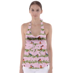 Bullfinches Sit On Branches On A Pink Background Babydoll Tankini Top by SychEva