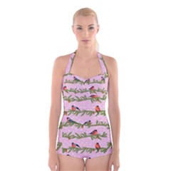 Bullfinches Sit On Branches On A Pink Background Boyleg Halter Swimsuit  by SychEva