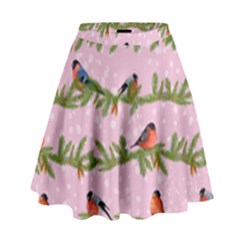 Bullfinches Sit On Branches On A Pink Background High Waist Skirt by SychEva