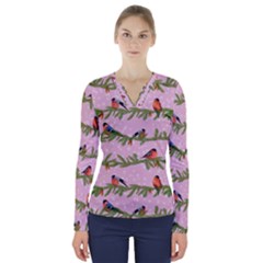 Bullfinches Sit On Branches On A Pink Background V-neck Long Sleeve Top by SychEva