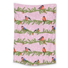 Bullfinches Sit On Branches On A Pink Background Large Tapestry by SychEva