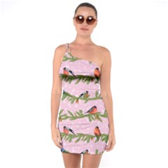 Bullfinches Sit On Branches On A Pink Background One Soulder Bodycon Dress by SychEva