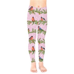 Bullfinches Sit On Branches On A Pink Background Kids  Leggings by SychEva