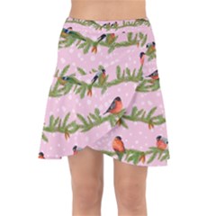 Bullfinches Sit On Branches On A Pink Background Wrap Front Skirt by SychEva