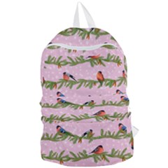Bullfinches Sit On Branches On A Pink Background Foldable Lightweight Backpack by SychEva