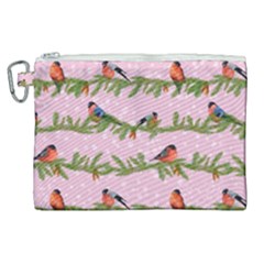 Bullfinches Sit On Branches On A Pink Background Canvas Cosmetic Bag (xl) by SychEva