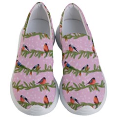 Bullfinches Sit On Branches On A Pink Background Women s Lightweight Slip Ons by SychEva