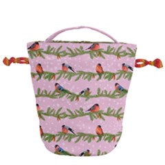 Bullfinches Sit On Branches On A Pink Background Drawstring Bucket Bag by SychEva