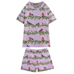 Bullfinches Sit On Branches On A Pink Background Kids  Swim Tee And Shorts Set by SychEva