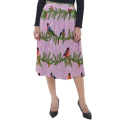 Bullfinches Sit On Branches On A Pink Background Classic Velour Midi Skirt  by SychEva