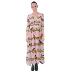 Bullfinches Sit On Branches On A Pink Background Button Up Maxi Dress by SychEva