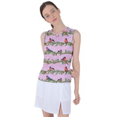 Bullfinches Sit On Branches On A Pink Background Women s Sleeveless Sports Top by SychEva