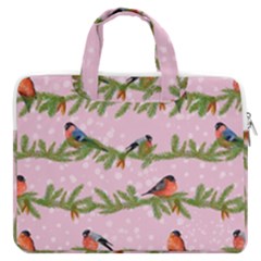 Bullfinches Sit On Branches On A Pink Background Macbook Pro Double Pocket Laptop Bag by SychEva