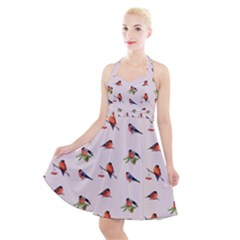 Bullfinches Sit On Branches Halter Party Swing Dress  by SychEva