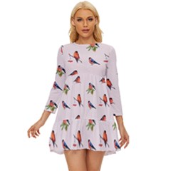 Bullfinches Sit On Branches Long Sleeve Babydoll Dress by SychEva