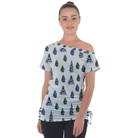 Coniferous Forest Off Shoulder Tie-up Tee by SychEva