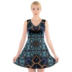 Blue Pattern V-neck Sleeveless Dress by Dazzleway