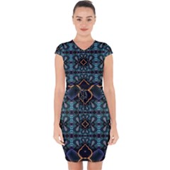 Blue Pattern Capsleeve Drawstring Dress  by Dazzleway