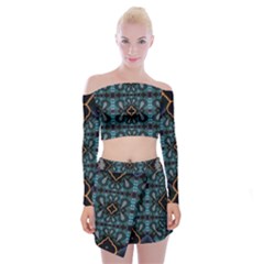 Blue Pattern Off Shoulder Top With Mini Skirt Set