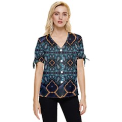 Blue Pattern Bow Sleeve Button Up Top by Dazzleway