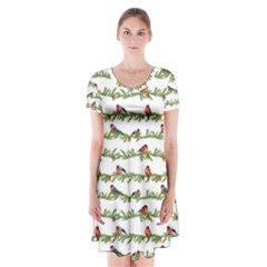 Bullfinches On The Branches Short Sleeve V-neck Flare Dress by SychEva