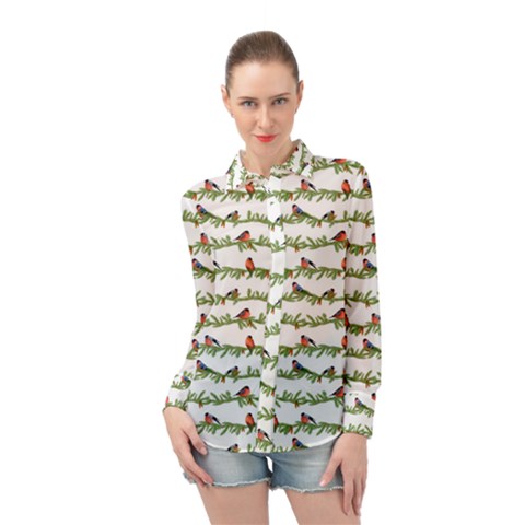 Bullfinches On The Branches Long Sleeve Chiffon Shirt by SychEva