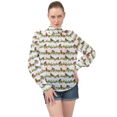 Bullfinches On The Branches High Neck Long Sleeve Chiffon Top