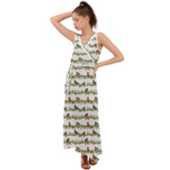 Bullfinches On The Branches V-neck Chiffon Maxi Dress by SychEva