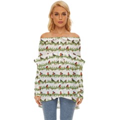 Bullfinches On The Branches Off Shoulder Chiffon Pocket Shirt by SychEva